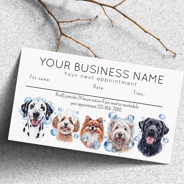 Vattenfärgade hundar-bubblor med avtalat kort, vit visitkort (Appointment card dog grooming bathing dogs bubbles. happy dogs)