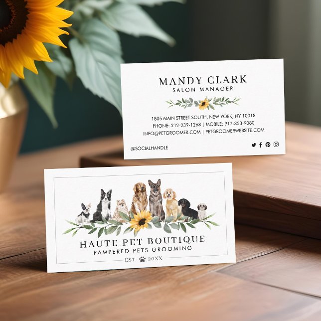 Vattenfärgade Hundraser Solrossolfärgspets Blommig Visitkort (Watercolor Dog Breeds Sunflower Floral Pet Groomer Business Card)