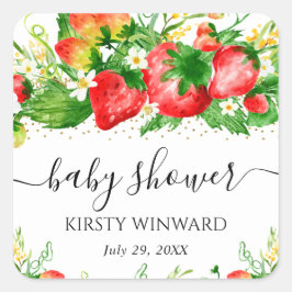 Vattenfärgade jordgubbar och blommor Baby Shower Fyrkantigt Klistermärke
