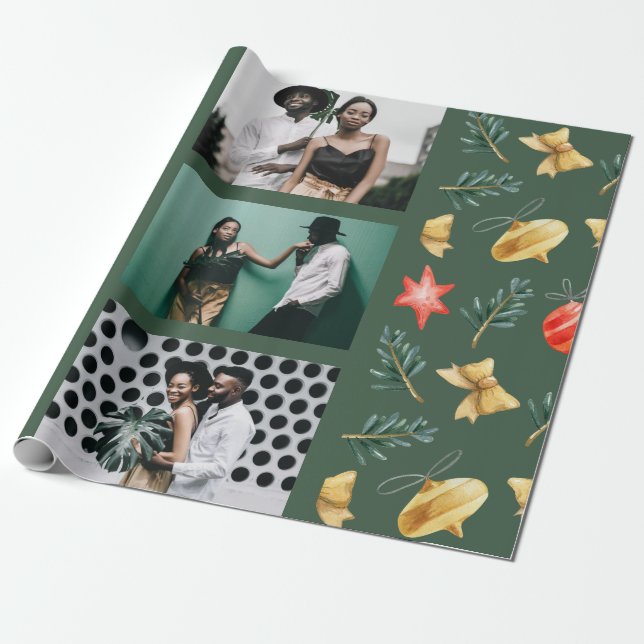Vattenfärgade julprydnadsföremål Photo Collage Grö Presentpapper (Utrullad)