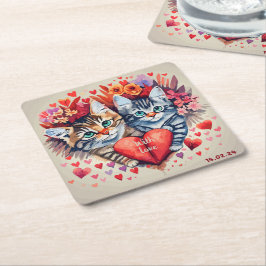 Vattenfärgade katter med hjärta underlägg papper kvadrat