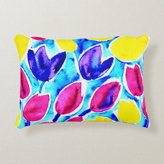 Vattenfärgade kraftulpaner i färglös Gult mönster Prydnadskudde (Framsidan)