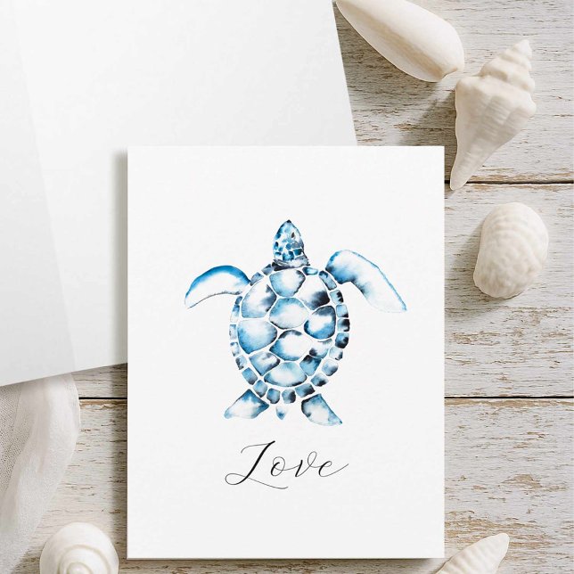 Vattenfärgade notkort för havssköldpadda med kuver kort (Sea turtle gifts greeting card with watercolor art by Victoria Grigaliunas Do Tell A Belle)