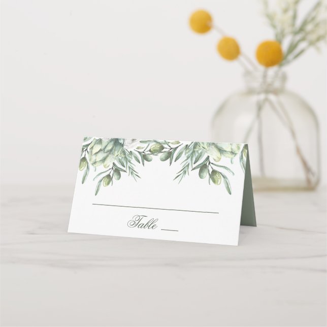 Vattenfärgade oliver. Bröllop, trädgårdsitalien Placeringskort (Framsida)