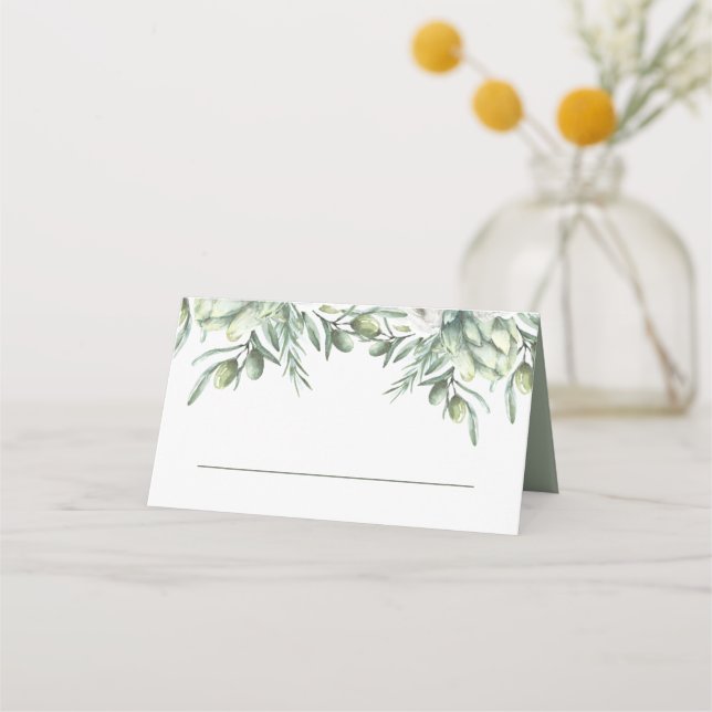 Vattenfärgade oliver. Elegant italian bröllop Placeringskort (Framsida)