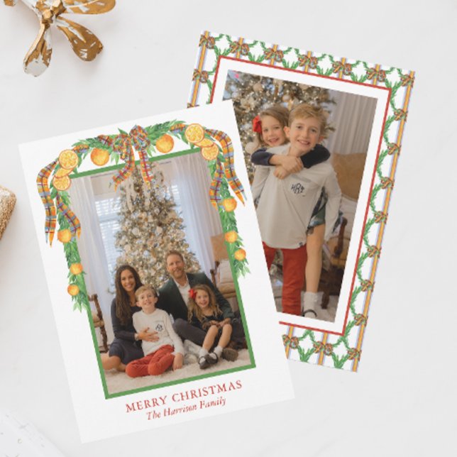 Vattenfärgade Orangar Bow Garland Julfoto Julkort (Skapare uppladdad)