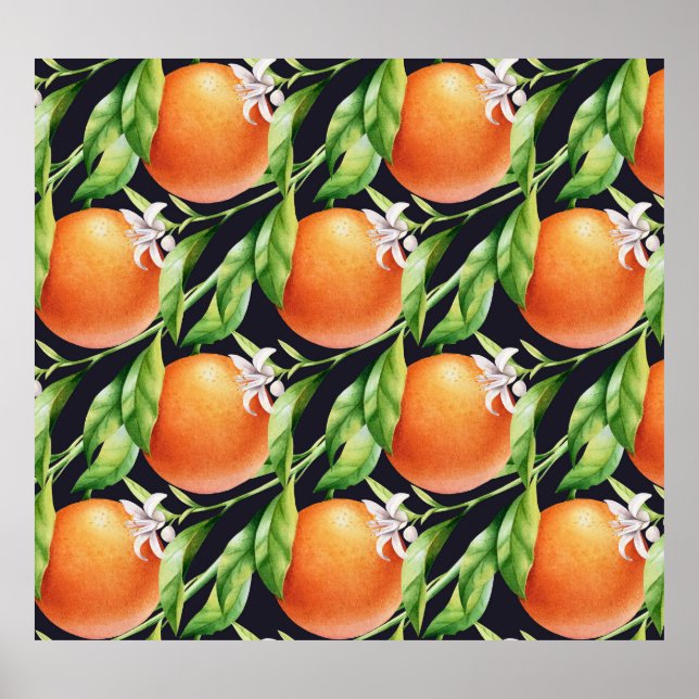 Vattenfärgade Orangar: Citrus Seamless Mönster Poster (Framsidan)