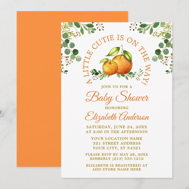Vattenfärgade Orangar Greenery A Little Cutie Show Inbjudningar (Fram/baksida)