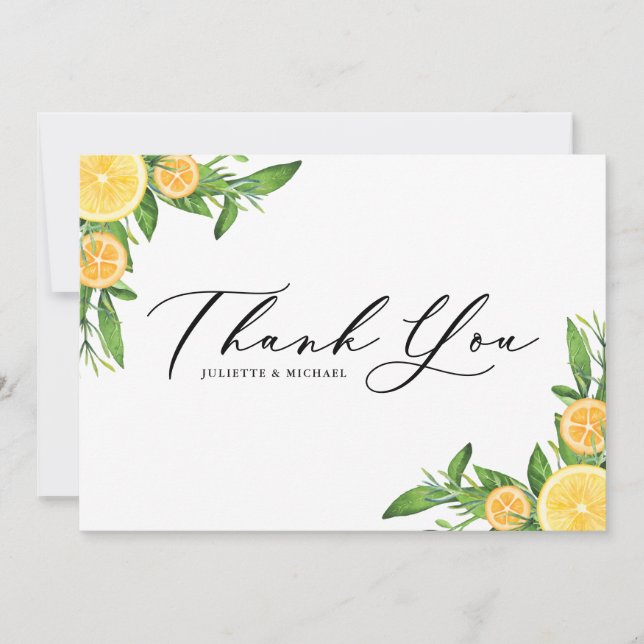 Vattenfärgade Orangar och citroner sommartid Bröll Tack Kort (Framsida)