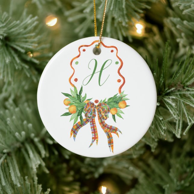 Vattenfärgade Orangar Play Bow-julmonogram Julgransprydnad Keramik (Träd)