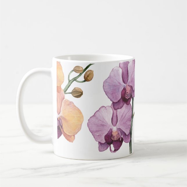 Vattenfärgade orkidéblommor, sömlös mönster. kaffemugg (Vänster)