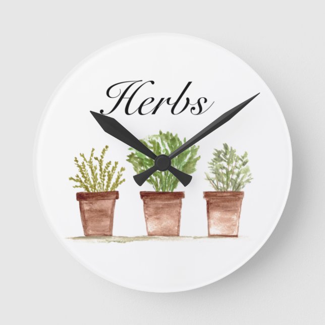 Vattenfärgade Örter Thyme Rosemary Parsley Plants  Rund Klocka (Framsida)