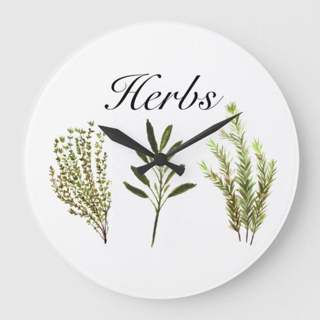 Vattenfärgade Örter Thyme Rosemary Sage Plants Pot Stor Klocka (Framsida)