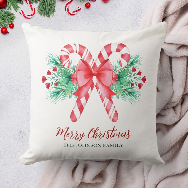 Vattenfärgade Polkagrisar och Bow + Namn jul Kudde (Watercolor Candy Canes and Bow + Name Christmas Throw Pillow)