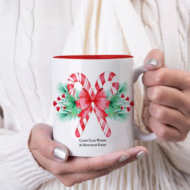 Vattenfärgade Polkagrisar och Red Bow-jul Två-Tonad Mugg (Watercolor Candy Canes and Red Bow Christmas Two-Tone Coffee Mug)