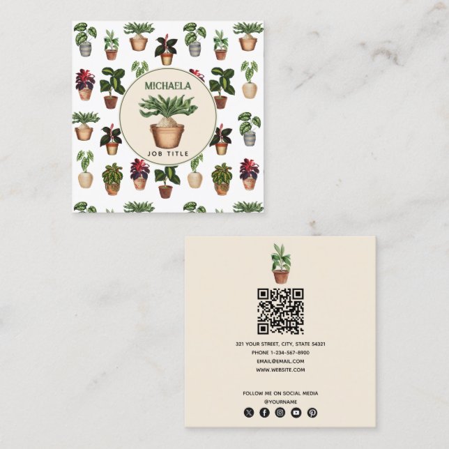 Vattenfärgade punkterade växter - startstation QR- Fyrkantigt Visitkort (Fram/baksida)