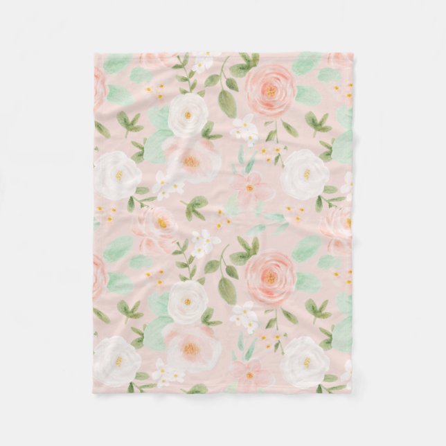 Vattenfärgade Ro Blommor i Rosa och persikor Fleecefilt (Framsidan)