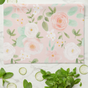 Vattenfärgade Ro Blommor i Rosa och persikor Kökshandduk