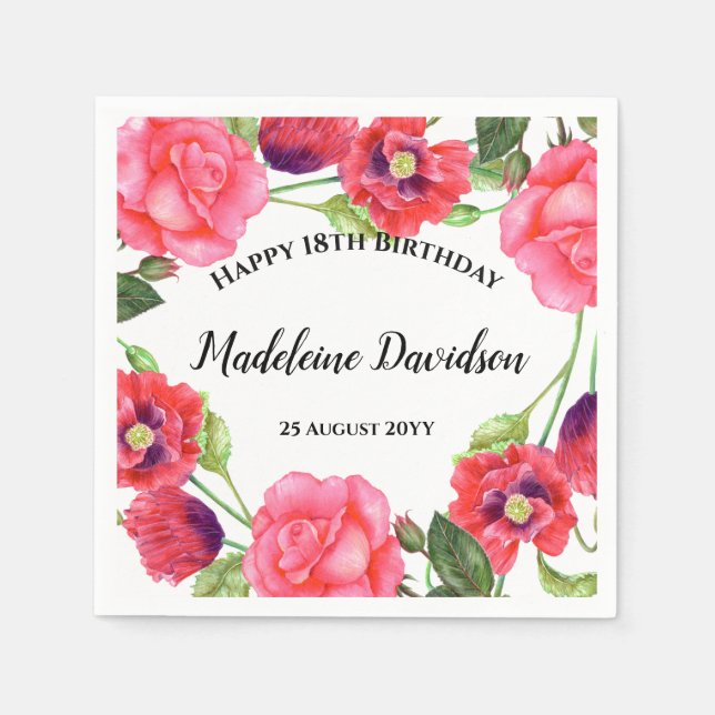 Vattenfärgade röda poppies Rosa ros Utandningsdesi Pappersservett (Framsidan)