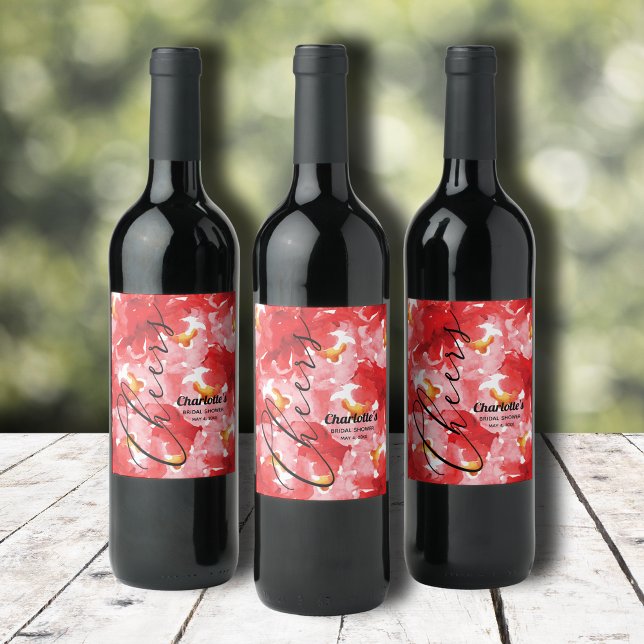 Vattenfärgade röda rosor Bröllopsdusch Vinflaska Etikett (Watercolor red roses floral bridal shower wine bottle personalized labels)