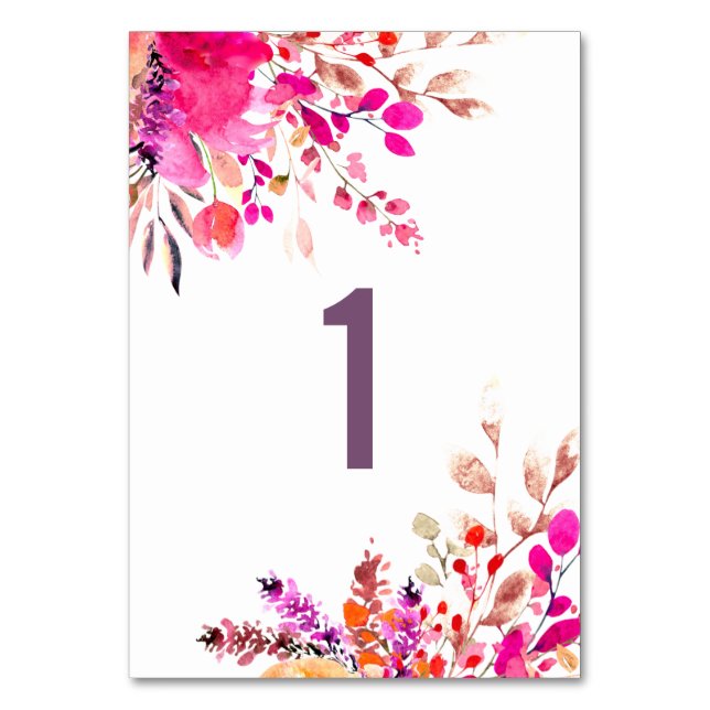 Vattenfärgade rosa blommor. Garden blommigt bröllo Bordsnummer (Framsidan)