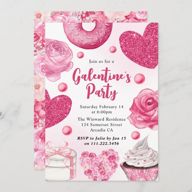 Vattenfärgade Rosa Cakes and Treats Galentine’s Pa Inbjudningar (Fram/baksida)