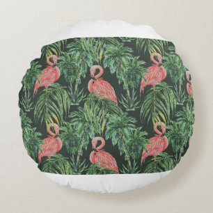 Vattenfärgade rosa flamingos, exotiska fåglar, t rund kudde