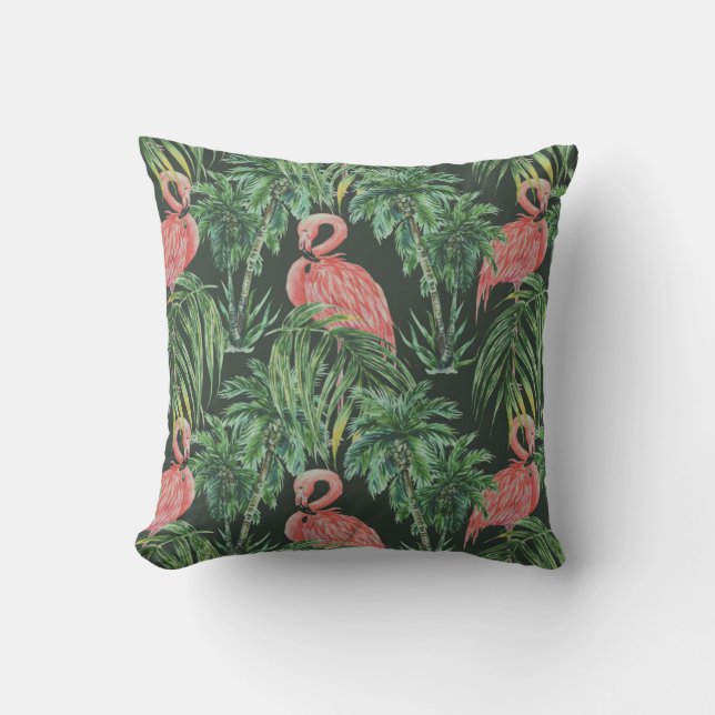 Vattenfärgade rosa flamingos, exotiska fåglar, tro kudde (Framsida)