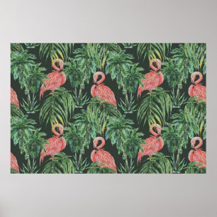 Vattenfärgade rosa flamingos, exotiska fåglar, tro poster
