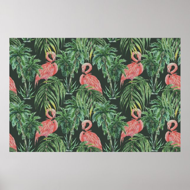 Vattenfärgade rosa flamingos, exotiska fåglar, tro poster (Framsidan)