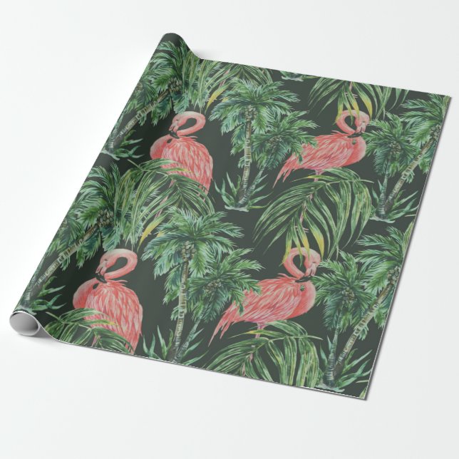 Vattenfärgade rosa flamingos, exotiska fåglar, tro presentpapper (Utrullad)