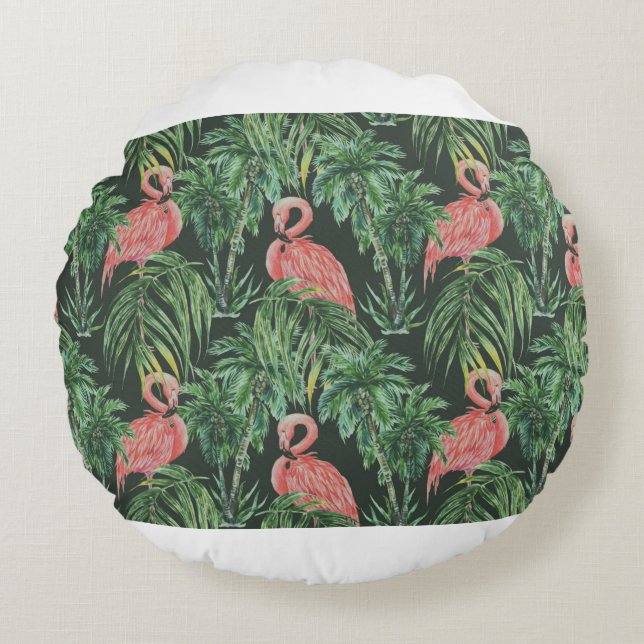 Vattenfärgade rosa flamingos, exotiska fåglar, tro rund kudde (Framsidan)