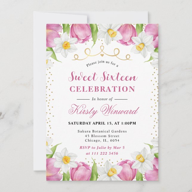 Vattenfärgade Rosa Tulips och dimil Sweet 16 Inbjudningar (Framsida)