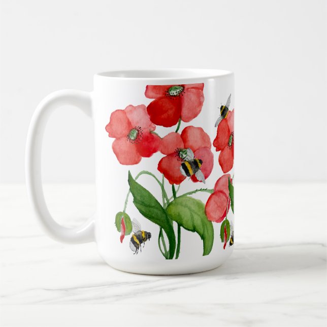 Vattenfärgade scarlet vallmoblommor och söt humlor kaffemugg (Vänster)