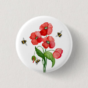 Vattenfärgade scarlet vallmoblommor och söt humlor knapp