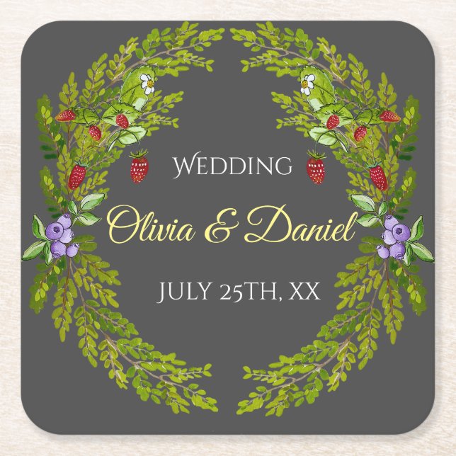 Vattenfärgade skogsbär bröllop underlägg papper kvadrat (Framsidan)