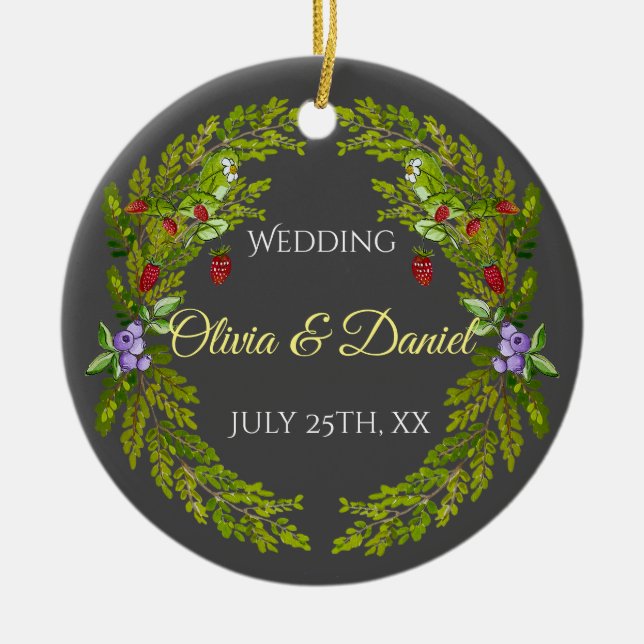 Vattenfärgade skogsbär och svampar bröllop julgransprydnad keramik (Framsidan)