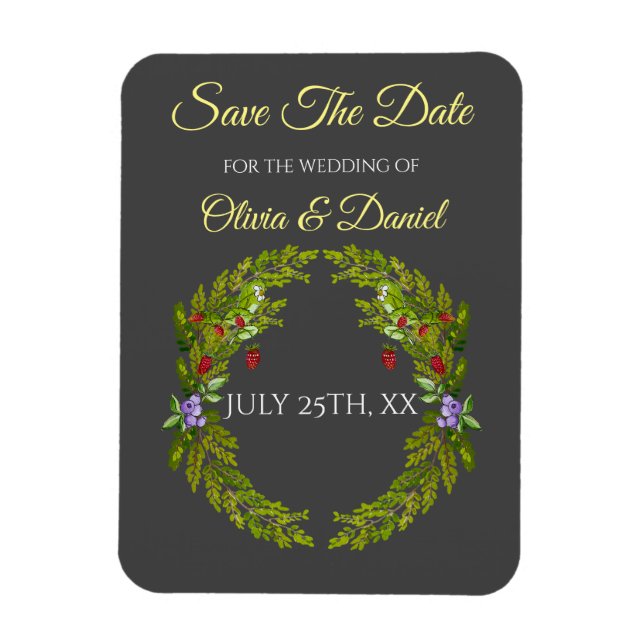 Vattenfärgade skogsbär och svampar bröllop magnet (Vertikal)