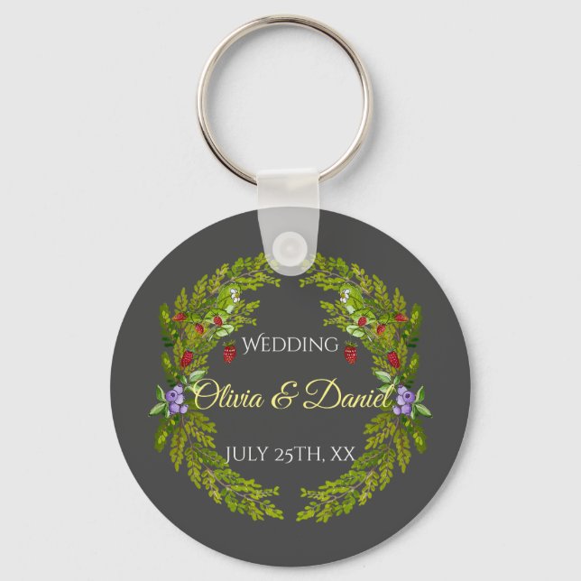 Vattenfärgade skogsbär och svampar bröllop nyckelring (Framsida)