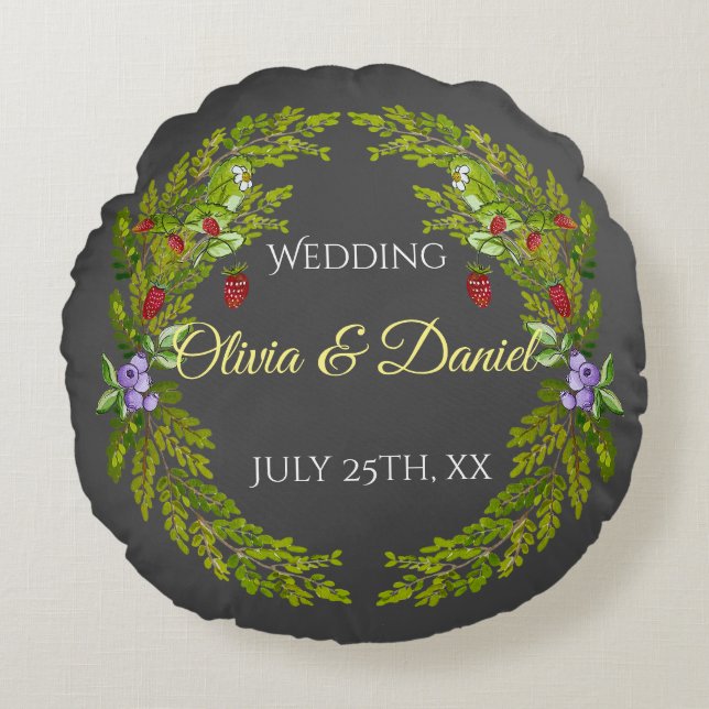 Vattenfärgade skogsbär och svampar bröllop rund kudde (Framsidan)