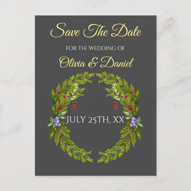 Vattenfärgade skogsbär och svampar bröllop vykort (Framsida)