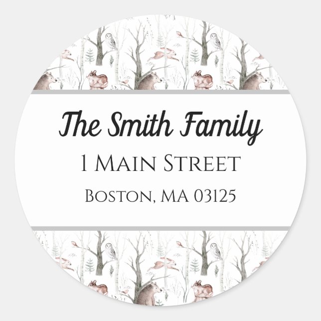 Vattenfärgade skogsdjur runt klistermärke (Framsida)