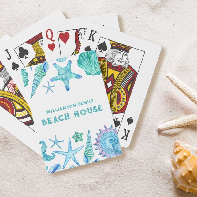 Vattenfärgade Snäckor och Starfish Beach House Casinokort (Watercolor Sea Shells and Starfish Beach House Poker Cards)