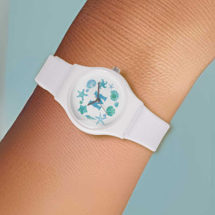 Vattenfärgade Snäckor och stjärnfiskblå monogramma Armbandsur