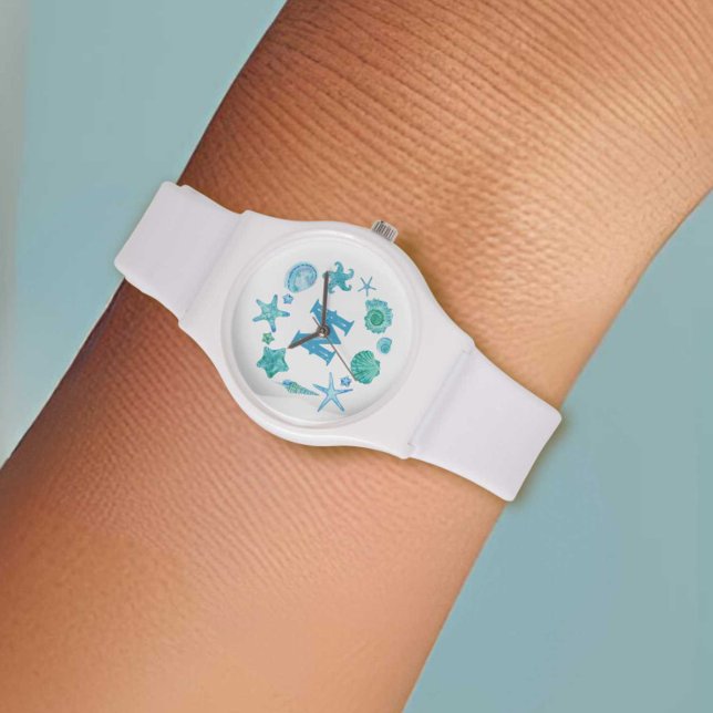 Vattenfärgade Snäckor och stjärnfiskblå monogramma Armbandsur (Watercolor Sea Shells & Starfish Blue Monogrammed Watch)