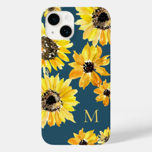 Vattenfärgade solblommor i gult på blått Monogram