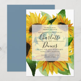 Vattenfärgade solblommor med  blå bröllop inbjudningar
