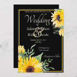 Vattenfärgade solblommor på svart bröllopsinbjudan inbjudningar
