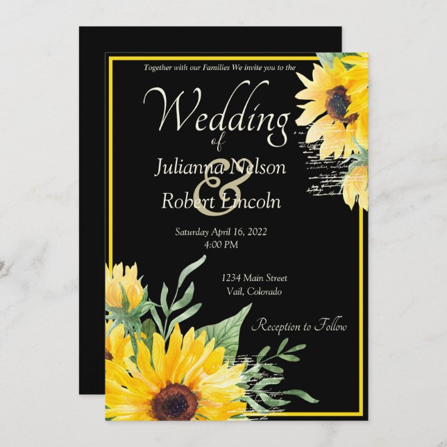 Vattenfärgade solblommor på svart bröllopsinbjudan inbjudningar (Fram/baksida)