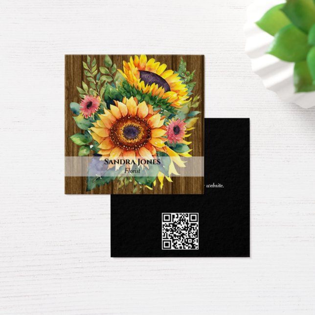 Vattenfärgade solrosor, Affärskort framsida av trä Fyrkantigt Visitkort (Skivbord)